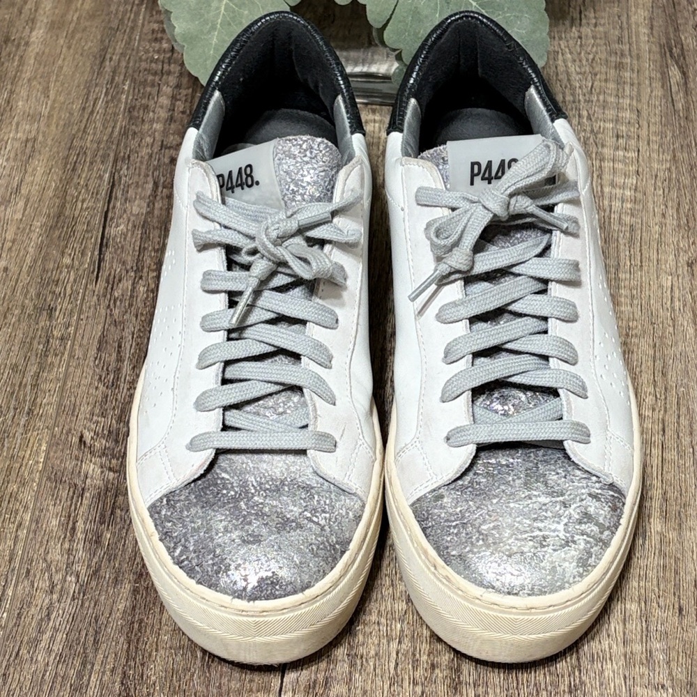 P448 White Jack Leather Sneakers Silver Glitter Toe Size 39 (8.5–9) - Picture 3 of 13